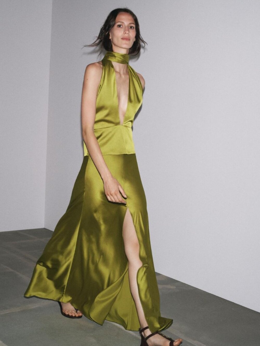 Zara Olive Green Satin Maxi Skirt Side Slit Zip Closure Size XL NWT Party